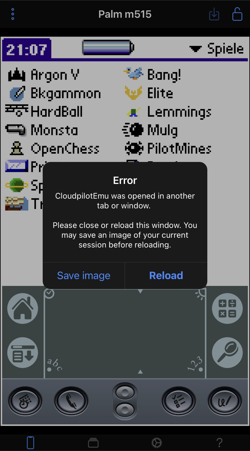 CloudpilotEmu crashed after opening it in another tab